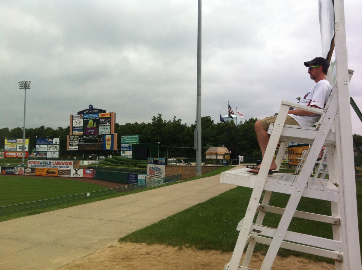 One of the lifeguard chairs overlooking the outfield.